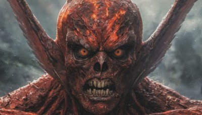 solo,looking at viewer,open mouth,1boy,male focus,wings,sky,teeth,cloud,orange eyes,no humans,cloudy sky,sharp teeth,portrait,smoke,colored sclera,monster,realistic,red eyes,signature,blood,clenched teeth,angry,veins