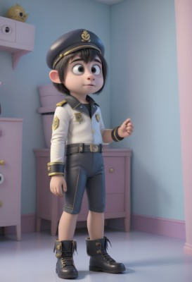 1girl,solo,short hair,brown hair,shirt,black hair,long sleeves,1boy,hat,brown eyes,standing,full body,male focus,boots,belt,pants,indoors,black footwear,uniform,black eyes,child,female child,male child,police,police uniform,shorts