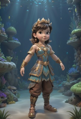 1girl,solo,looking at viewer,short hair,brown hair,dress,bare shoulders,brown eyes,jewelry,standing,full body,earrings,parted lips,pants,medium hair,water,armor,bracelet,lips,blue dress,sandals,sunlight,tiara,crown,child,armlet,fish,light rays,rock,underwater,bracer,sunbeam,brown pants,mushroom,coral,boots,black eyes,watermark,web address,female child,air bubble,seaweed