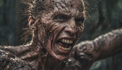 solo,open mouth,blue eyes,1boy,male focus,teeth,blurry,blurry background,portrait,realistic,blonde hair,scar,clenched teeth,clenched hand,angry,close-up,veins,manly