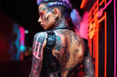 1girl,solo,long hair,short hair,jewelry,blue hair,upper body,ponytail,braid,earrings,looking back,from behind,blurry,lips,tattoo,makeup,blurry background,back,piercing,ear piercing,science fiction,nose,arm tattoo,shoulder tattoo,undercut,facial tattoo,cyborg,cyberpunk,neck tattoo,back tattoo,neon lights,blue eyes,purple hair,eyeshadow,short ponytail,facepaint,mascara,eyebrow piercing