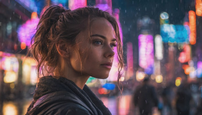 1girl, solo, blue eyes, brown hair, ponytail, blurry, lips, wet, night, blurry background, freckles, rain, realistic, nose, wet hair, city lights, neon lights