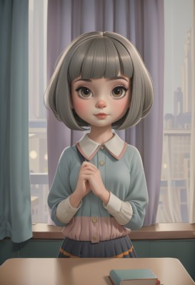 1girl,solo,breasts,looking at viewer,blush,smile,short hair,bangs,skirt,brown hair,shirt,long sleeves,brown eyes,closed mouth,standing,upper body,grey hair,small breasts,collared shirt,artist name,indoors,blunt bangs,black skirt,lips,blue skirt,book,eyelashes,window,buttons,table,bob cut,own hands together,blue shirt,curtains,desk,nose,bookshelf,makeup,shadow,watermark,red lips,classroom,school desk