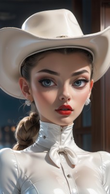 1girl,solo,long hair,breasts,looking at viewer,blue eyes,brown hair,shirt,hat,jewelry,white shirt,upper body,braid,earrings,parted lips,blurry,lips,eyelashes,single braid,makeup,buttons,blurry background,white headwear,piercing,lipstick,portrait,eyeshadow,freckles,realistic,red lips,latex,cowboy hat,mascara,signature,see-through,grey eyes,thick eyebrows,zipper,nose,eyeliner,mole on cheek