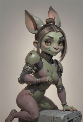 1girl,solo,breasts,looking at viewer,blush,smile,simple background,brown hair,animal ears,cleavage,brown eyes,medium breasts,closed mouth,yellow eyes,sidelocks,boots,grey background,hair bun,armor,rabbit ears,fingernails,kneeling,bodysuit,colored skin,single hair bun,shoulder armor,furry,forehead,furry female,bracer,green skin,one knee,shoulder pads,snout,short hair,black hair,small breasts,lips,thick eyebrows,robot,short ponytail,pauldrons,mouse ears,nose,animal nose,fewer digits,goblin,screw