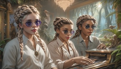 long hair,looking at viewer,smile,blue eyes,multiple girls,blonde hair,brown hair,shirt,long sleeves,brown eyes,jewelry,sitting,closed mouth,white shirt,upper body,braid,earrings,parted lips,glasses,collared shirt,indoors,dark skin,3girls,necklace,hair bun,twin braids,dark-skinned female,tree,lips,eyelashes,dress shirt,makeup,buttons,bird,siblings,animal,leaf,sunlight,single hair bun,sunglasses,plant,lipstick,sisters,instrument,nature,hair over shoulder,forest,pocket,twins,pink lips,nose,round eyewear,music,stud earrings,breast pocket,tinted eyewear,playing instrument,hair pulled back,mascara,piano,dreadlocks,multiple braids,purple-tinted eyewear,multicolored hair,artist name,fingernails,piercing,pendant,eyeshadow,freckles,braided bun,purple lips,purple-framed eyewear,blue-tinted eyewear