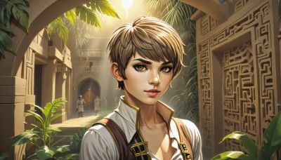 1girl,solo,looking at viewer,smile,short hair,bangs,multiple girls,brown hair,shirt,1boy,brown eyes,closed mouth,standing,collarbone,white shirt,upper body,multiple boys,solo focus,collared shirt,indoors,vest,lips,eyelashes,window,makeup,leaf,sunlight,suspenders,plant,lipstick,building,nose,door,red lips,potted plant,pillar,arch,2boys,thick eyebrows,stairs,light