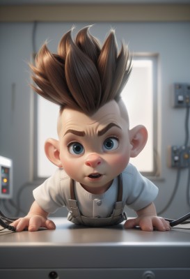 solo,looking at viewer,short hair,open mouth,blue eyes,brown hair,shirt,1boy,white shirt,short sleeves,male focus,teeth,indoors,blurry,blurry background,upper teeth only,suspenders,spiked hair,child,freckles,bandaid on face,overalls,male child,television,monitor,blush,aged down,bandaid on nose,mohawk