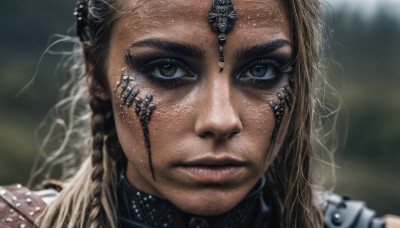 1girl,solo,long hair,looking at viewer,blonde hair,brown hair,brown eyes,closed mouth,braid,armor,blurry,lips,eyelashes,depth of field,blurry background,portrait,close-up,science fiction,realistic,nose,cyborg