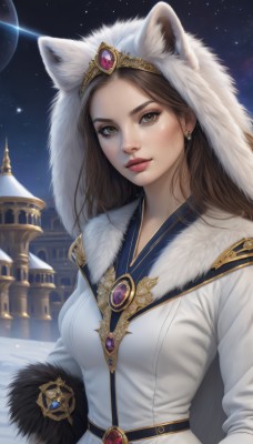 1girl,solo,long hair,breasts,looking at viewer,brown hair,dress,animal ears,brown eyes,jewelry,medium breasts,closed mouth,upper body,earrings,outdoors,sky,belt,artist name,hood,lips,coat,fur trim,night,brooch,gem,star (sky),night sky,starry sky,freckles,realistic,nose,white coat,fur,red gemstone,eyelashes,makeup,moon,red lips,castle