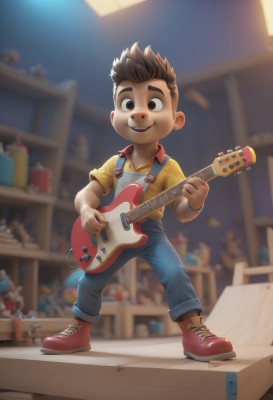 solo,looking at viewer,smile,short hair,open mouth,brown hair,shirt,1boy,holding,brown eyes,standing,full body,short sleeves,male focus,boots,shoes,teeth,collared shirt,pants,indoors,blurry,black eyes,blurry background,suspenders,denim,spiked hair,red footwear,instrument,child,yellow shirt,music,guitar,overalls,male child,playing instrument,holding instrument,shelf,electric guitar,sneakers,jeans