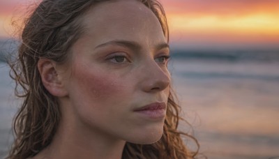 1girl,solo,long hair,brown hair,brown eyes,closed mouth,outdoors,blurry,lips,looking to the side,grey eyes,depth of field,blurry background,wavy hair,looking away,beach,portrait,freckles,realistic,nose,looking afar,sky,cloud,eyelashes,ocean,close-up,sunset