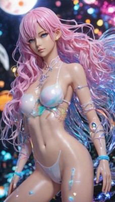 1girl,solo,long hair,breasts,looking at viewer,blue eyes,navel,jewelry,medium breasts,underwear,swimsuit,pink hair,bikini,cowboy shot,earrings,parted lips,shiny,necklace,blurry,bracelet,lips,see-through,shiny skin,cameltoe,wavy hair,white bikini,moon,gem,bangs,cleavage,bare shoulders,closed mouth,standing,artist name,stomach,gradient hair,night,depth of field,blurry background,highleg,armlet,contrapposto,realistic,nose,highleg bikini,bikini armor,bokeh