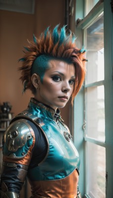 1girl,solo,breasts,looking at viewer,short hair,brown hair,jewelry,blue hair,upper body,red hair,multicolored hair,earrings,indoors,orange hair,armor,mole,two-tone hair,lips,mole under eye,bodysuit,makeup,freckles,science fiction,realistic,nose,stud earrings,undercut,cyborg,cyberpunk,brown eyes,window,glowing,facial mark,piercing,ear piercing,mohawk