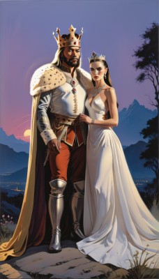 1girl,long hair,breasts,brown hair,black hair,1boy,dress,cleavage,jewelry,medium breasts,hetero,earrings,boots,outdoors,belt,cape,white dress,armor,tree,facial hair,tiara,crown,couple,beard,mountain,manly,princess,standing,weapon,sword,necklace,bracelet,grass,lipstick,realistic,mustache,greaves,castle,arm around waist,good end