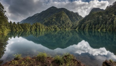 outdoors,sky,day,cloud,water,tree,blue sky,no humans,cloudy sky,grass,nature,scenery,forest,mountain,river,landscape,mountainous horizon,lake,reflection