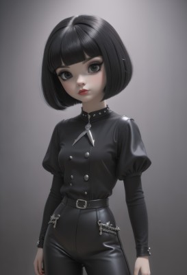 1girl,solo,breasts,looking at viewer,short hair,bangs,simple background,shirt,black hair,long sleeves,closed mouth,standing,cowboy shot,small breasts,parted lips,puffy sleeves,shiny,belt,pants,artist name,blunt bangs,grey background,nail polish,black eyes,shiny hair,collar,lips,fingernails,gradient,grey eyes,black shirt,gradient background,eyelashes,makeup,buttons,chain,black pants,bob cut,lipstick,juliet sleeves,black nails,buckle,spikes,black belt,belt buckle,arms at sides,red lips,blunt ends,gothic,high-waist pants,black theme,black jacket,eyeshadow,eyeliner,leather,leather jacket,mascara,tight pants,leather pants