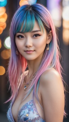 1girl,solo,long hair,breasts,looking at viewer,smile,bangs,dress,cleavage,bare shoulders,brown eyes,jewelry,medium breasts,closed mouth,blue hair,upper body,pink hair,multicolored hair,earrings,sleeveless,necklace,blurry,two-tone hair,lips,eyelashes,gradient hair,makeup,sleeveless dress,depth of field,blurry background,blue dress,realistic,nose,bokeh,black hair,underwear,heart,artist name,blunt bangs,bra,watermark,lipstick,mascara