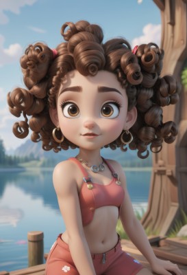 1girl,solo,breasts,looking at viewer,smile,brown hair,navel,bare shoulders,brown eyes,jewelry,sitting,collarbone,earrings,small breasts,outdoors,parted lips,sky,shorts,teeth,day,midriff,artist name,cloud,dark skin,water,necklace,stomach,blurry,flat chest,dark-skinned female,blue sky,lips,crop top,bare arms,short shorts,eyelashes,blurry background,ocean,thick eyebrows,cloudy sky,tank top,child,forehead,zipper,freckles,curly hair,hoop earrings,female child,overalls,petite,watercraft,red shorts,big hair,boat,lake,pier,short hair,hair ornament,pink shorts