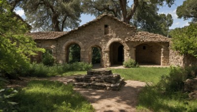 outdoors,sky,day,cloud,tree,blue sky,no humans,window,sunlight,grass,plant,building,nature,scenery,forest,rock,door,road,bush,wall,ruins,house,path,stone wall,shadow,cloudy sky,stairs,shade,arch,moss,stone