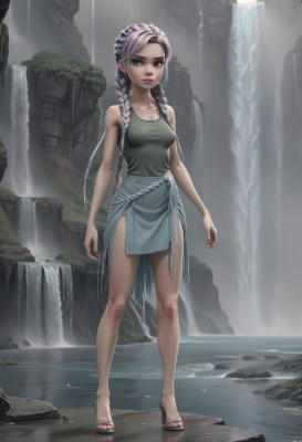 1girl,solo,long hair,breasts,looking at viewer,blue eyes,skirt,shirt,bare shoulders,medium breasts,closed mouth,standing,collarbone,full body,braid,grey hair,outdoors,sleeveless,artist name,water,nail polish,high heels,twin braids,feet,lips,blue skirt,legs,grey eyes,bare arms,bare legs,toes,sandals,tank top,hair over shoulder,pelvic curtain,legs apart,toenails,rock,realistic,nose,green shirt,arms at sides,waterfall,dress,single braid,freckles,green dress