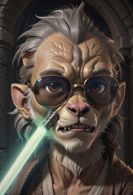 solo,looking at viewer,1boy,brown eyes,upper body,weapon,white hair,grey hair,male focus,glasses,teeth,pointy ears,sword,artist name,signature,facial hair,fangs,sunglasses,portrait,beard,furry,realistic,round eyewear,furry male,old,old man,energy sword,lion boy,lightsaber,animal ears,collarbone,lips,cyborg