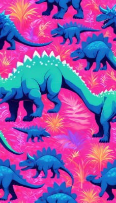 open mouth,red eyes,tail,full body,lying,horns,teeth,pokemon (creature),no humans,multiple views,leaf,pink background,plant,sharp teeth,animal focus,fins,dinosaur,standing,closed eyes,tongue,artist name,signature,looking at another,watermark,grass,blue skin,alternate color,fireworks