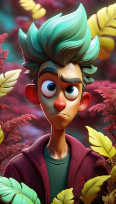 solo,looking at viewer,short hair,blue eyes,shirt,1boy,closed mouth,green eyes,jacket,upper body,flower,male focus,outdoors,green hair,open clothes,artist name,blurry,open jacket,blurry background,frown,leaf,thick eyebrows,spiked hair,red jacket,green shirt,male child,blue hair,signature,depth of field,watermark,web address,backlighting,serious