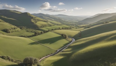 outdoors,sky,day,cloud,tree,blue sky,no humans,shadow,cloudy sky,grass,nature,scenery,mountain,road,field,landscape,mountainous horizon,hill,artist name,signature,forest,horizon,bush,path