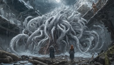 long hair,multiple girls,skirt,brown hair,dress,holding,2girls,standing,weapon,white hair,grey hair,3girls,hood,from behind,orange hair,scenery,tentacles,monster,robe,fantasy,facing away,ruins,rubble,black robe,eldritch abomination,1girl,1boy,outdoors,coat,gun