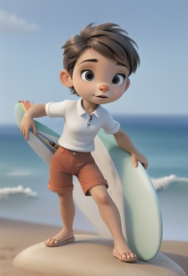 solo,looking at viewer,smile,short hair,brown hair,shirt,1boy,holding,brown eyes,standing,full body,white shirt,short sleeves,male focus,outdoors,sky,shorts,day,collared shirt,water,blurry,black eyes,blue sky,blurry background,ocean,beach,sandals,child,zipper,freckles,sand,male child,brown shorts,flip-flops,surfboard,behind back,open mouth,parted lips,cloud