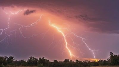 outdoors,sky,cloud,tree,no humans,cloudy sky,grass,nature,scenery,forest,sunset,sun,electricity,lightning,red sky,fire,bush,twilight,evening,landscape