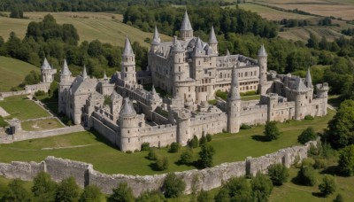 outdoors,sky,day,tree,no humans,grass,building,nature,scenery,forest,mountain,road,bush,house,bridge,river,castle,tower,landscape,path,water,fantasy,cliff