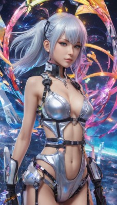 1girl,solo,long hair,breasts,looking at viewer,bangs,blue eyes,thighhighs,gloves,navel,cleavage,bare shoulders,twintails,jewelry,medium breasts,closed mouth,grey hair,cowboy shot,earrings,black gloves,shiny,fingerless gloves,leotard,lips,detached collar,one side up,garter straps,revealing clothes,realistic,arms at sides,ribbon,standing,swimsuit,hair ribbon,weapon,white hair,belt,collar,two side up,navel cutout