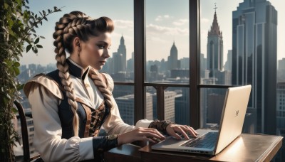 1girl,solo,long hair,breasts,brown hair,shirt,long sleeves,brown eyes,jewelry,sitting,closed mouth,upper body,braid,multicolored hair,earrings,sky,day,cloud,indoors,vest,twin braids,lips,window,profile,chair,looking away,table,plant,building,city,nose,cityscape,computer,laptop,skyscraper,multiple braids,necklace,bracelet,from side,two-tone hair,dark-skinned female,makeup,leaf,ring,cross,realistic