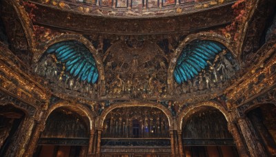 indoors,dutch angle,no humans,window,from below,scenery,stairs,fantasy,architecture,pillar,statue,ceiling,stained glass,church,arch,chandelier,column,wings,library,very wide shot