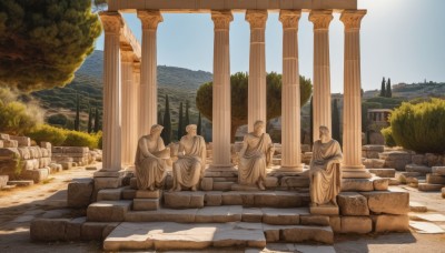 outdoors,multiple boys,sky,day,tree,blue sky,no humans,building,scenery,stairs,bush,ruins,pillar,statue,arch,column,fountain,cloud,sunlight,plant,architecture