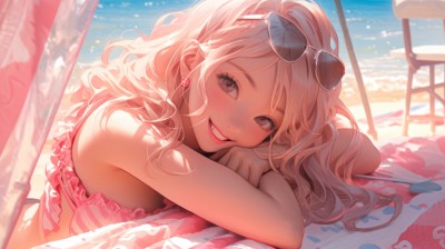 1girl,solo,long hair,breasts,looking at viewer,blush,smile,bangs,blonde hair,bare shoulders,brown eyes,jewelry,swimsuit,upper body,heart,bikini,earrings,outdoors,lying,frills,teeth,day,striped,water,grin,blurry,lips,grey eyes,makeup,ocean,umbrella,wavy hair,beach,crossed arms,sunlight,sunglasses,on stomach,lipstick,towel,eyewear on head,frilled bikini,head rest,striped bikini,pink lips,sand,pink bikini,red lips,shade,parasol,heart earrings,beach umbrella,beach towel,vertical-striped bikini,open mouth,pink hair,sky