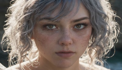 1girl,solo,looking at viewer,short hair,bangs,brown eyes,closed mouth,white hair,grey hair,artist name,signature,blurry,lips,eyelashes,blood,depth of field,blurry background,messy hair,portrait,close-up,freckles,curly hair,blood on face,realistic,nose,blue hair,backlighting