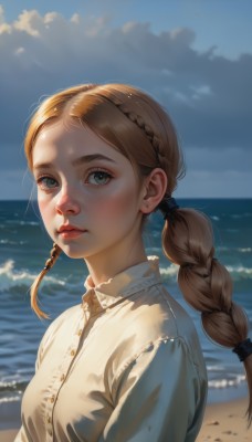 1girl,solo,long hair,breasts,looking at viewer,brown hair,shirt,twintails,closed mouth,green eyes,white shirt,upper body,braid,outdoors,sky,day,collared shirt,cloud,water,blurry,twin braids,from side,blue sky,lips,looking to the side,grey eyes,buttons,ocean,beach,sunlight,cloudy sky,freckles,realistic,nose,hair tie,horizon,blush,bangs,blue eyes,small breasts,parted bangs,eyelashes,single braid,blurry background,expressionless,blouse,forehead,sand,waves