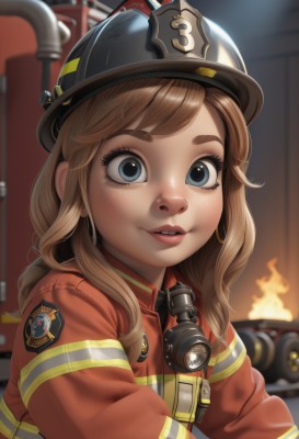 1girl,solo,long hair,looking at viewer,smile,bangs,blue eyes,brown hair,long sleeves,hat,jacket,upper body,parted lips,teeth,indoors,blurry,uniform,lips,eyelashes,mask,blurry background,helmet,fire,genderswap,genderswap (mtf),freckles,gas mask,artist name,nose