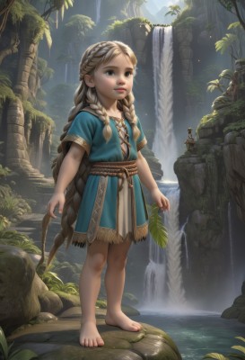 1girl,solo,long hair,smile,open mouth,blue eyes,blonde hair,brown hair,dress,brown eyes,very long hair,standing,full body,braid,short sleeves,outdoors,parted lips,barefoot,day,water,twin braids,flat chest,feet,tree,lips,toes,blue dress,plant,child,nature,forest,rock,realistic,fantasy,female child,waterfall,moss,stream,1boy,solo focus