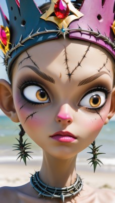 1girl,solo,short hair,hair ornament,bare shoulders,brown eyes,jewelry,closed mouth,collarbone,yellow eyes,hairband,earrings,outdoors,choker,day,dark skin,blurry,collar,dark-skinned female,lips,looking to the side,eyelashes,makeup,blurry background,scar,looking away,beach,tiara,crown,lipstick,gem,portrait,close-up,spikes,eyeshadow,freckles,red lips,stitches,spiked collar,thorns,mascara,spiked choker,studded collar,looking at viewer,blush,brown hair,animal ears,braid,twin braids,facial mark,eye focus