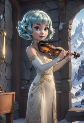 1girl,solo,breasts,looking at viewer,smile,short hair,bangs,blue eyes,dress,holding,bare shoulders,closed mouth,blue hair,standing,hairband,small breasts,outdoors,detached sleeves,choker,day,artist name,indoors,white dress,aqua eyes,lips,aqua hair,makeup,watermark,instrument,side slit,curly hair,music,playing instrument,holding instrument,violin,bow (music),sky,snow,mountain