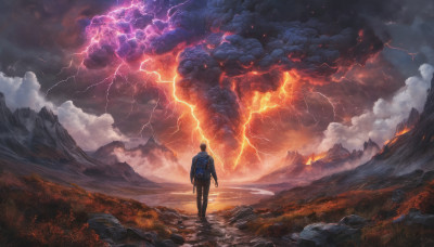 solo, 1boy, standing, male focus, outdoors, sky, cloud, from behind, cloudy sky, scenery, rock, mountain, facing away, lightning, molten rock