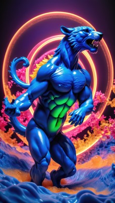 solo,open mouth,blue eyes,1boy,navel,nipples,tail,full body,male focus,nude,teeth,water,pubic hair,no humans,muscular,colored skin,fangs,abs,pectorals,sharp teeth,muscular male,furry,blue skin,furry male,waves,kaijuu,standing,artist name,shiny skin,cherry blossoms,bara,monster