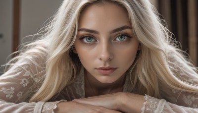 1girl,solo,long hair,looking at viewer,blue eyes,blonde hair,long sleeves,closed mouth,artist name,indoors,blurry,lips,grey eyes,eyelashes,depth of field,blurry background,portrait,close-up,forehead,realistic,nose,jewelry,green eyes,earrings,makeup,wavy hair,expressionless,thick eyebrows