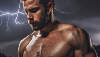 solo,short hair,black hair,1boy,closed mouth,closed eyes,upper body,male focus,nude,outdoors,sky,cloud,dark skin,completely nude,muscular,facial hair,dark-skinned male,thick eyebrows,cloudy sky,pectorals,muscular male,bara,beard,large pectorals,topless male,mature male,realistic,mustache,manly,chest hair,lightning,arm hair,hairy,shiny