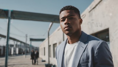 looking at viewer,short hair,shirt,black hair,1boy,brown eyes,jacket,white shirt,upper body,male focus,outdoors,parted lips,multiple boys,open clothes,solo focus,day,dark skin,blurry,black eyes,open jacket,blurry background,facial hair,dark-skinned male,blue jacket,building,meme,pocket,realistic,very dark skin,photo background,real life insert,solo,closed mouth,sky,black jacket,white jacket,grey jacket