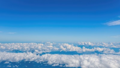 monochrome,outdoors,sky,day,cloud,blue sky,no humans,cloudy sky,scenery,blue theme,horizon,landscape,above clouds,ocean